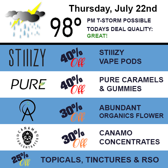 Thursday, July 22nd. 40% off STIIIZT vape pods, 40% off PURE caramels and gummes, 30% off Abundant Organics Flower, 30% off Canamo concentrates, and 25% off topicals, tinctures, and RSO.
